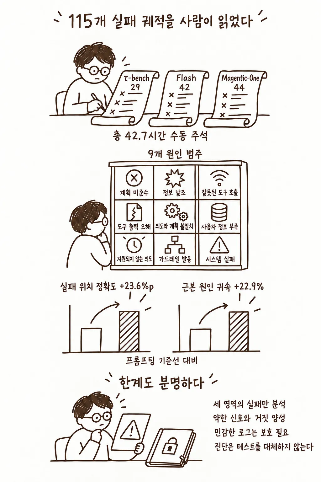 115개 수동 주석 실패 궤적과 아홉 가지 원인 범주, AgentRx의 성능과 한계