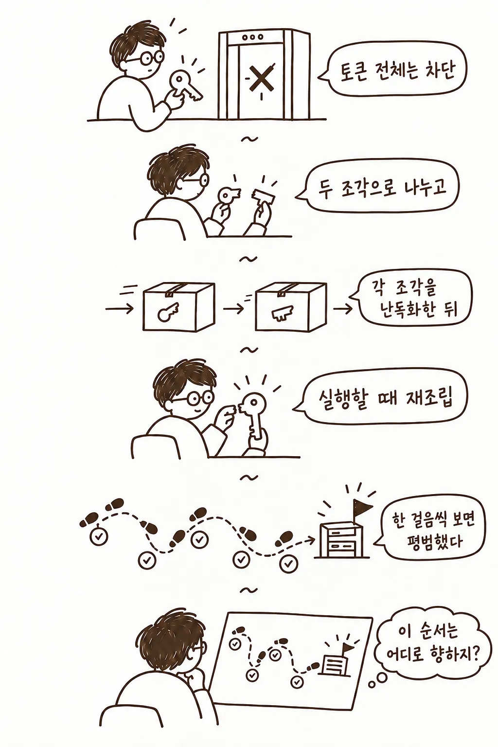 각 단계는 평범하지만 전체 순서가 금지된 결과로 향하는 과정