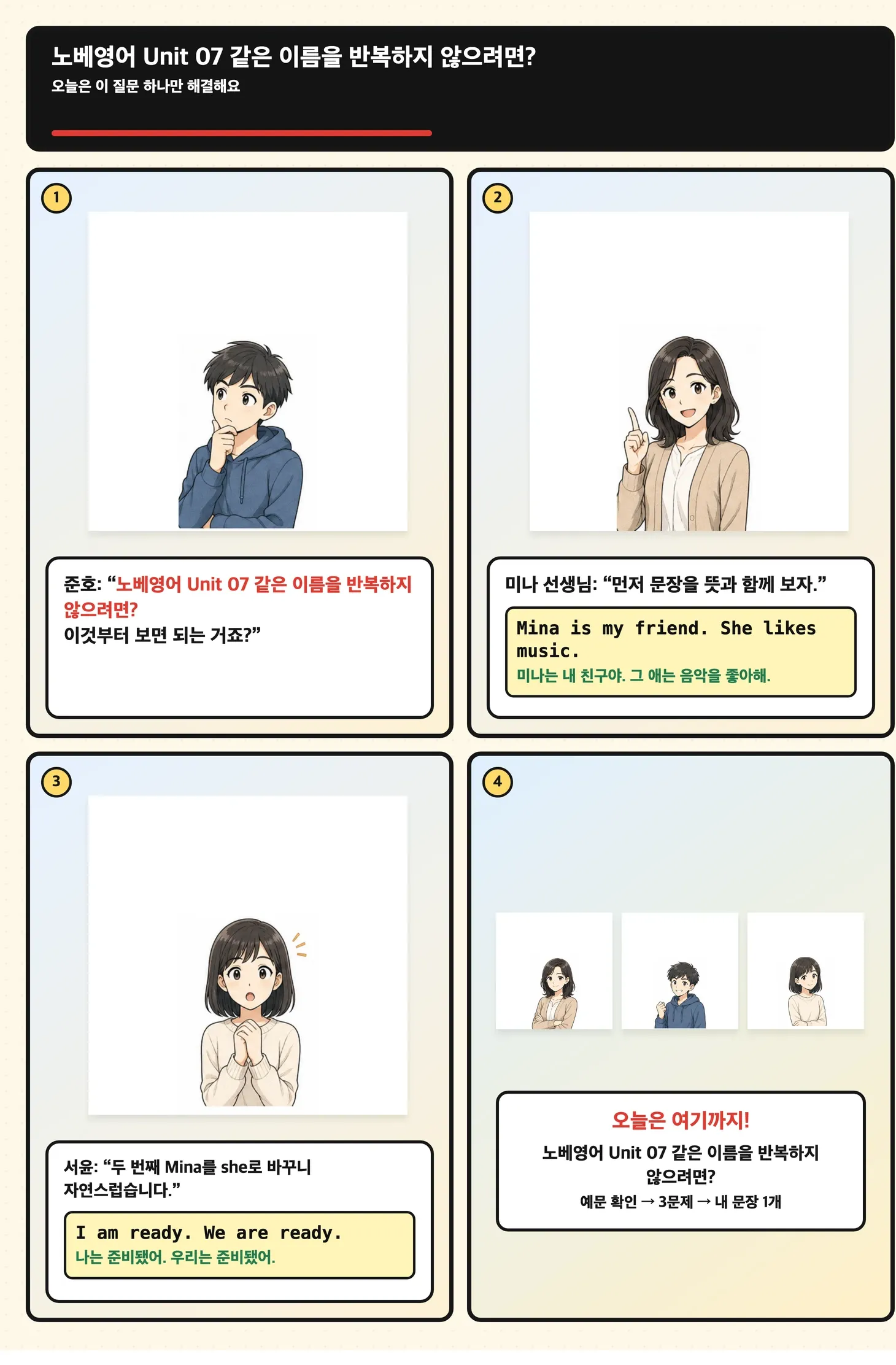 이름표를 대명사 카드로 교체하는 학습만화