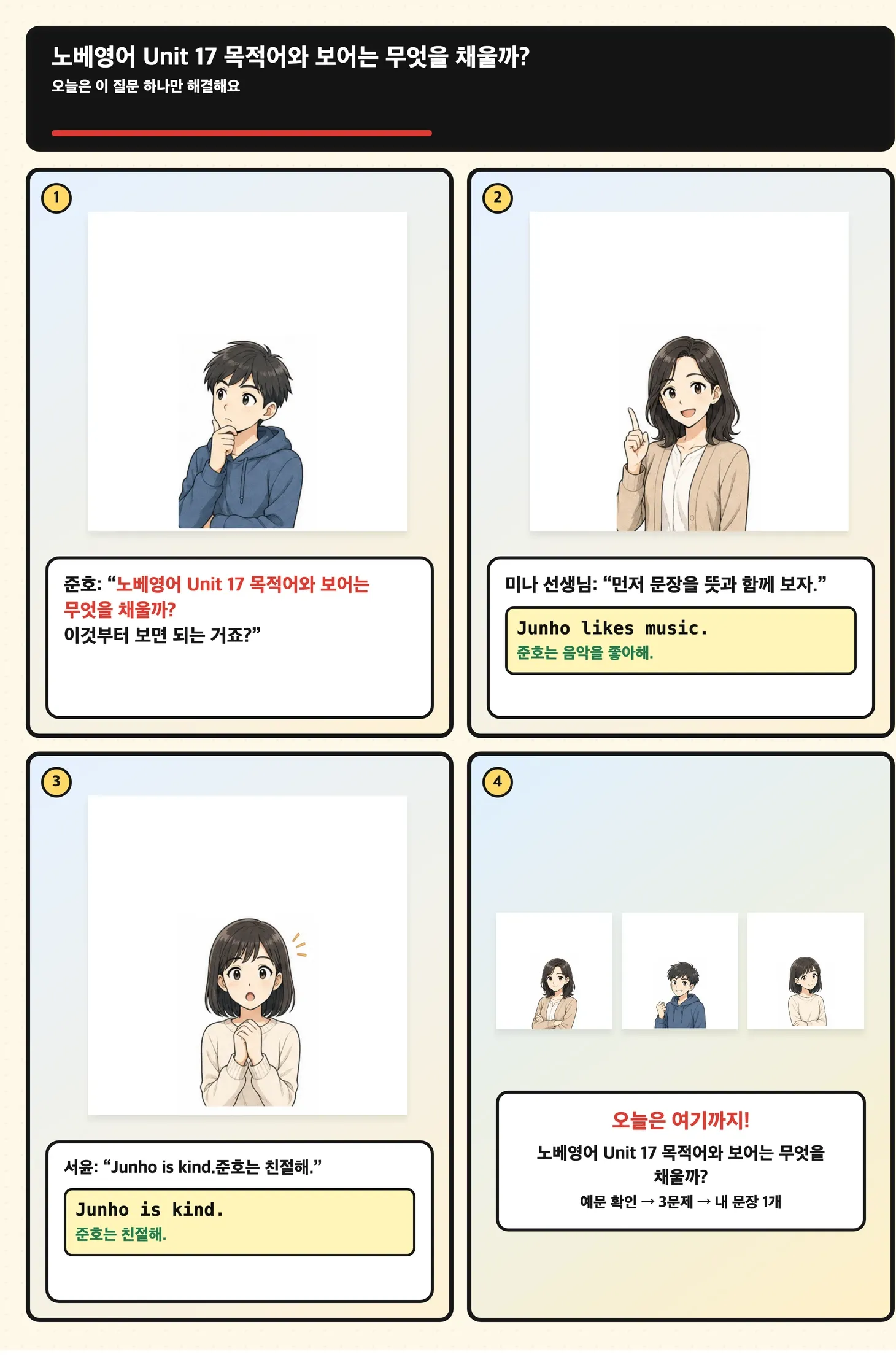 화살표와 빈칸으로 목적어와 보어를 구별하는 학습만화