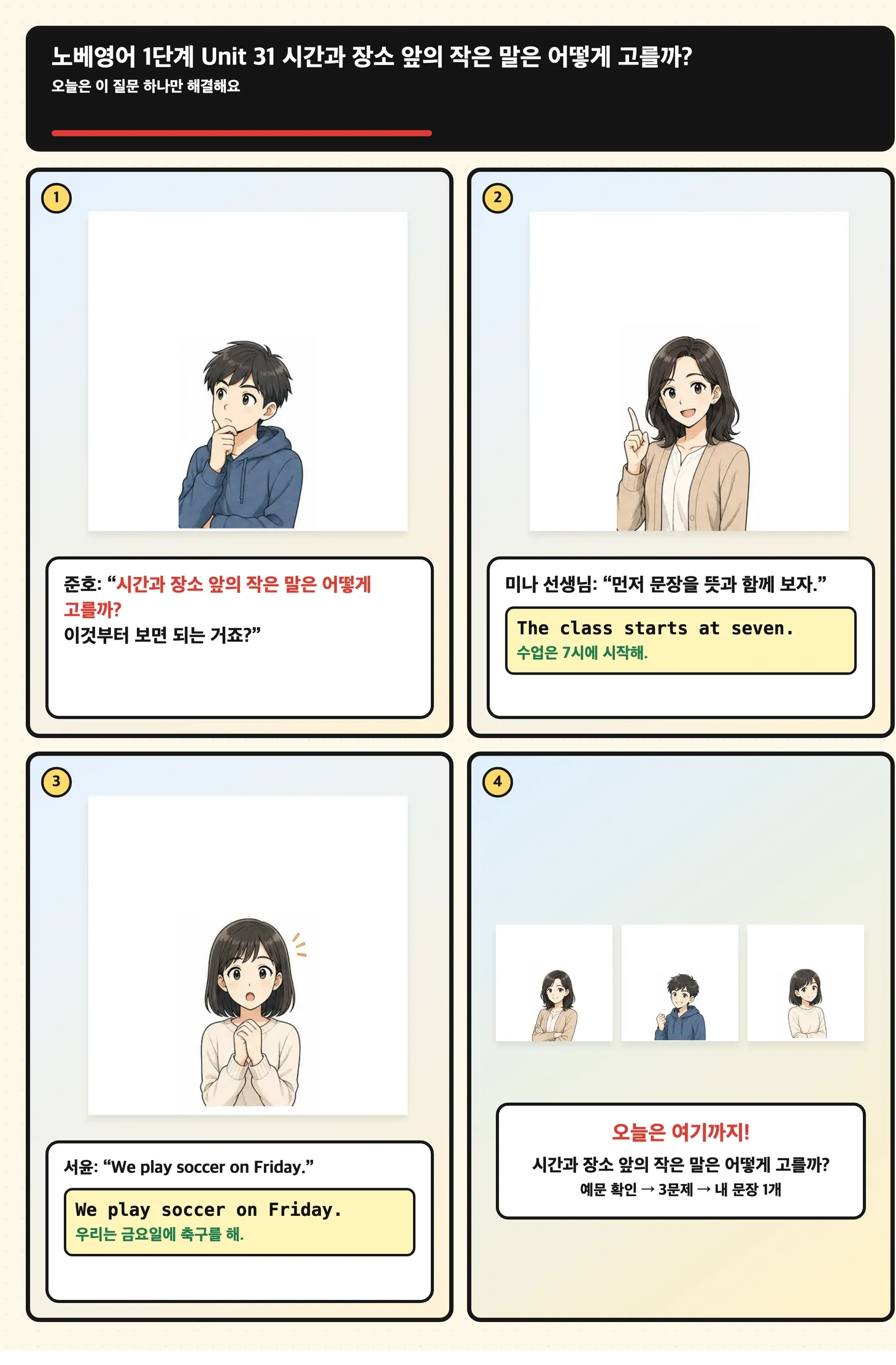 시간과 장소에서 at on in의 정확한 쓰임을 비교하는 학습 만화